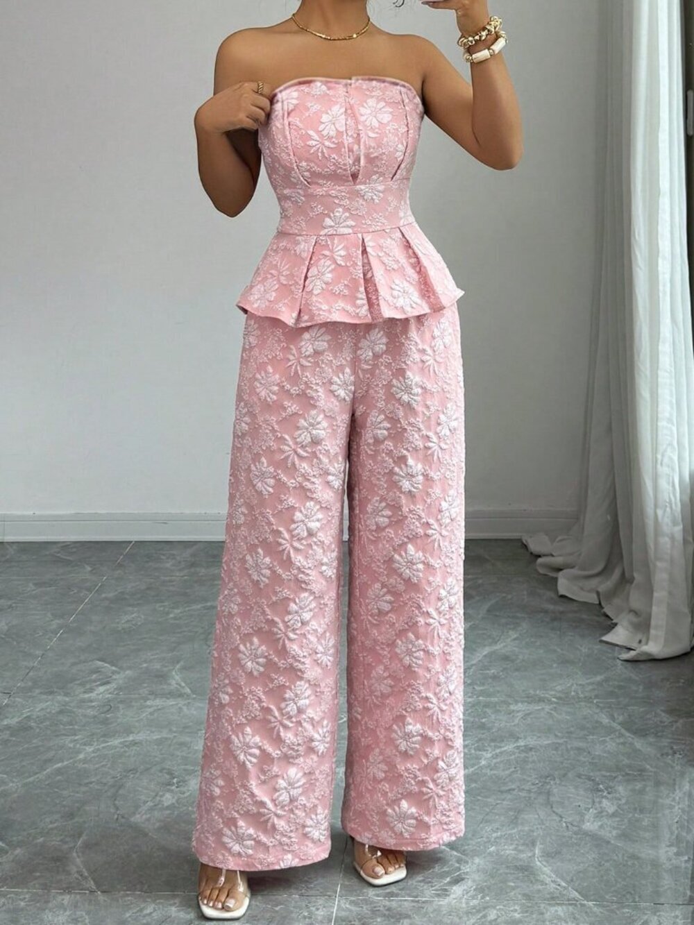 Pink Elegant Women's Floral Jacquard Camisole Top And Wide Leg Pants Set - Picture 6 of 7